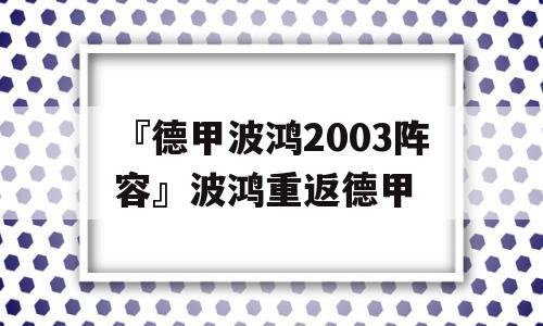 『德甲波鸿2003阵容』波鸿重返德甲